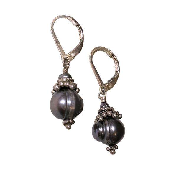 Vintage Sterling Silver Gray Pearl Drop Earrings – 1990s 925 Leverback - Picture 1 of 5